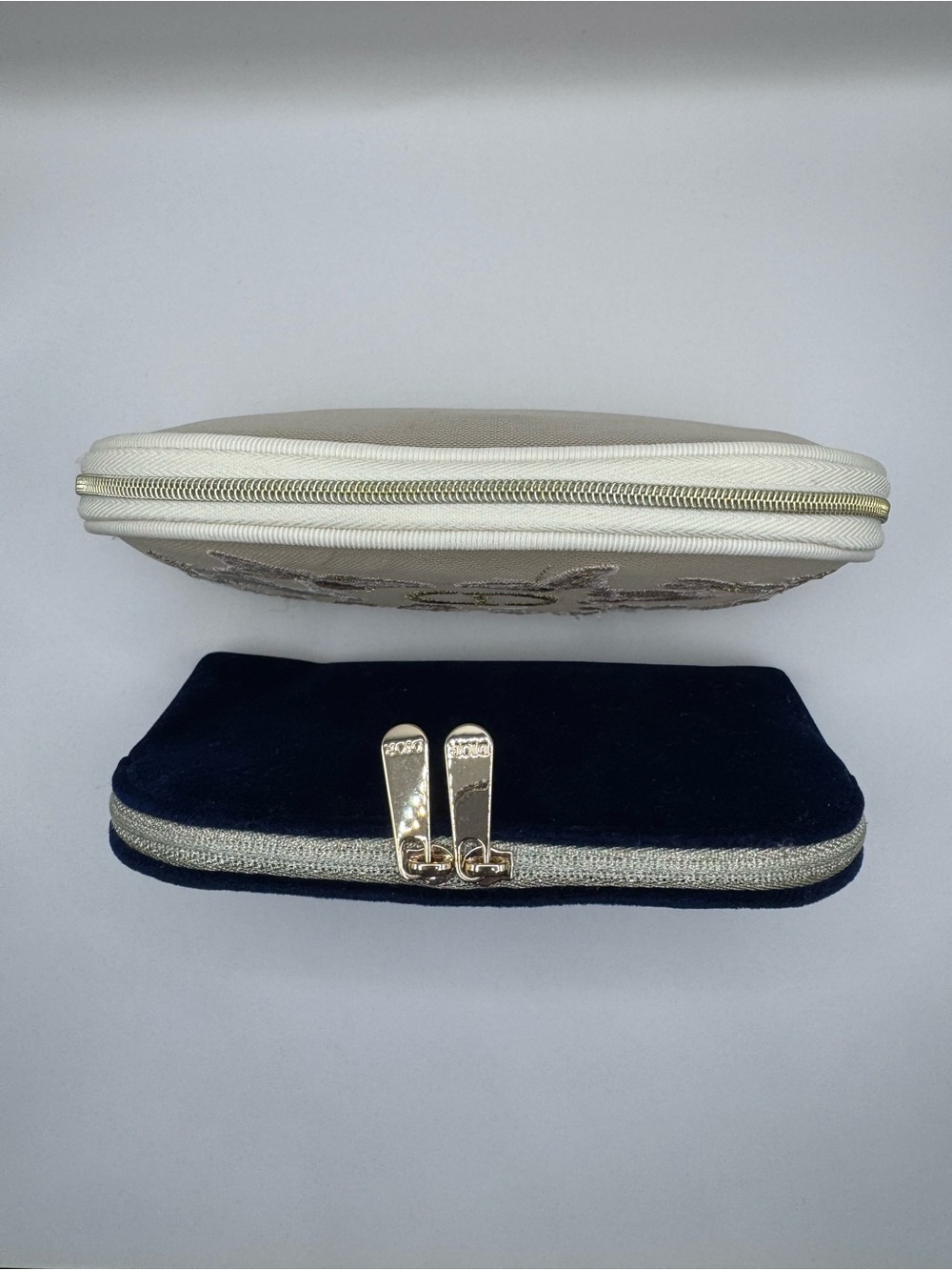 Dior Beige Embroidered Floral & Navy Blue Velvet Cosmetic Pouches - Picture 2 of 7